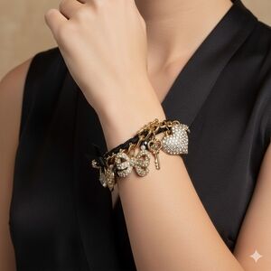 Betsey Johnson Crystal Heart Bow & Key Charm Bracelet Toggle Clasp